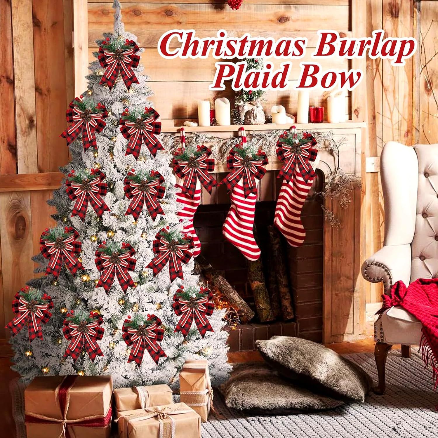 2026 New 6Pcs Christmas Burlap Plaid Bow with Pine Cones Pine Needles Xmas Checkered Ribbon Bow Christmas Tree Decoration Bows for Christmas Parties Indoor โ image 4