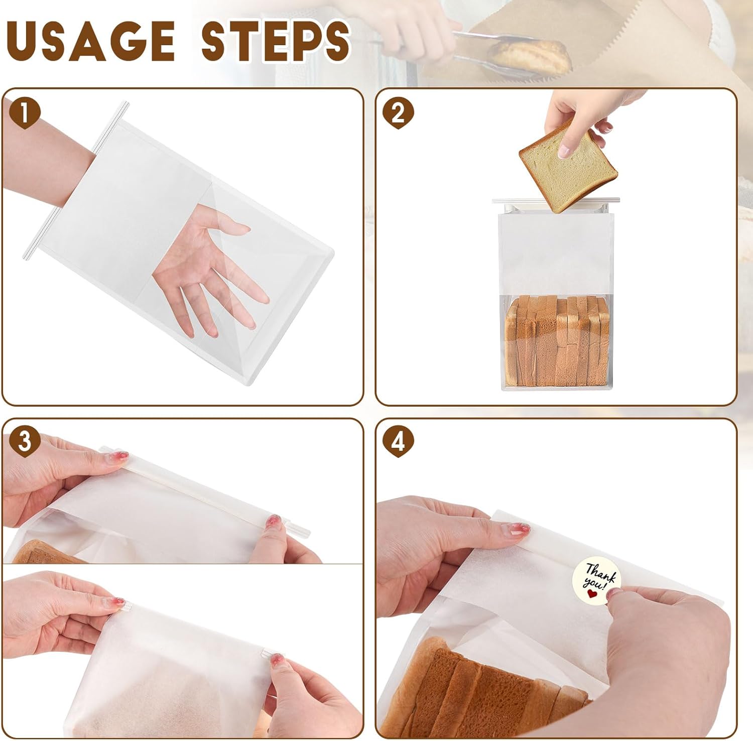 60pcs Bakery Bags with Thank You Stickers,11x8.6x4 inches Sourdough Bread Bags with Tin Tie Tab Lock Smoother Paper Bakery Bags with Clear Window for Homemade — image 4
