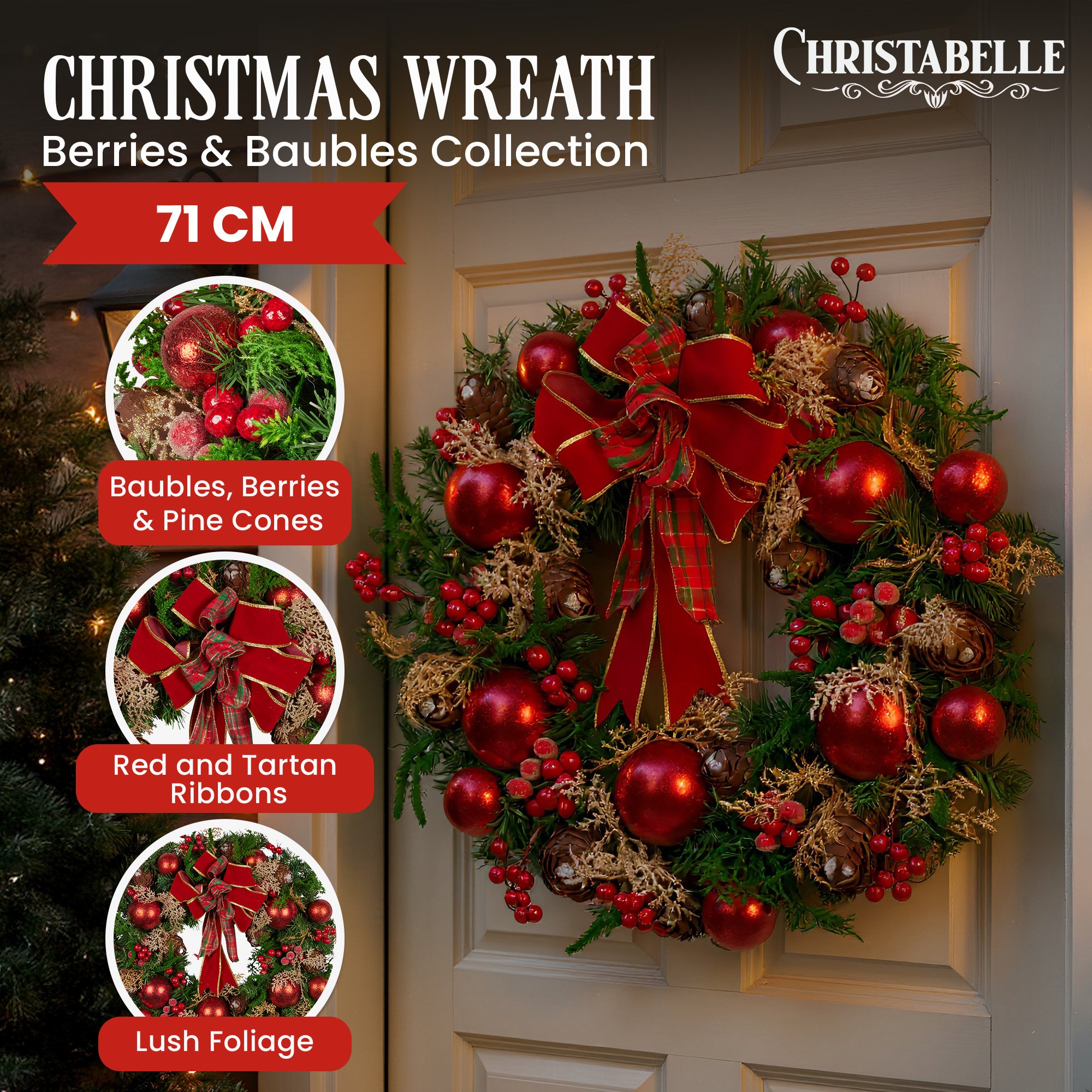 Christabelle Stunning 71cm Christmas Wreath Lush Red Baubles Berries Pine Cones and Bow Front Door Decoration โ image 2