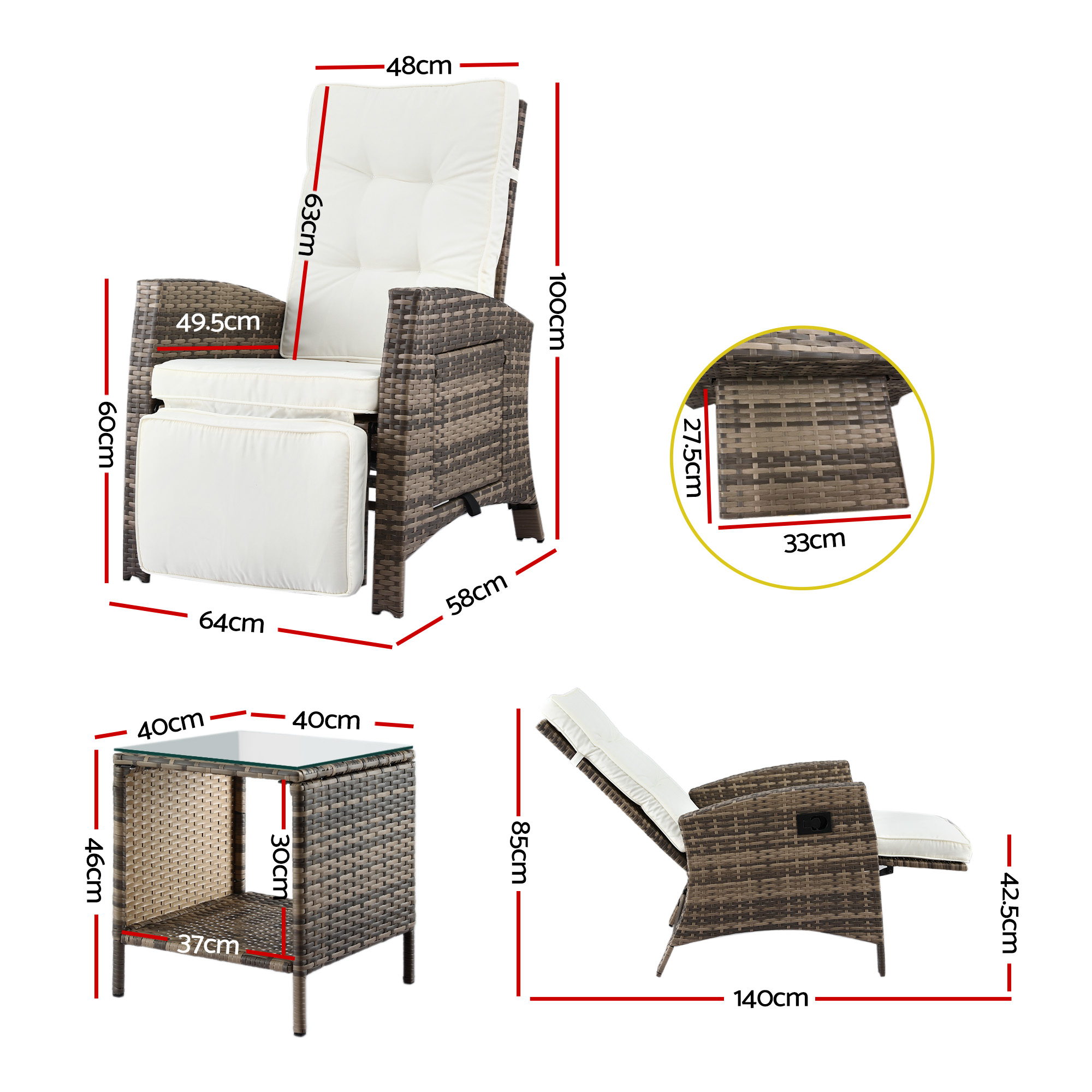 Gardeon 3PC Outdoor Bistro Set Recliner Chairs Table Sun lounge Patio Furniture Wicker Adjustable — image 2