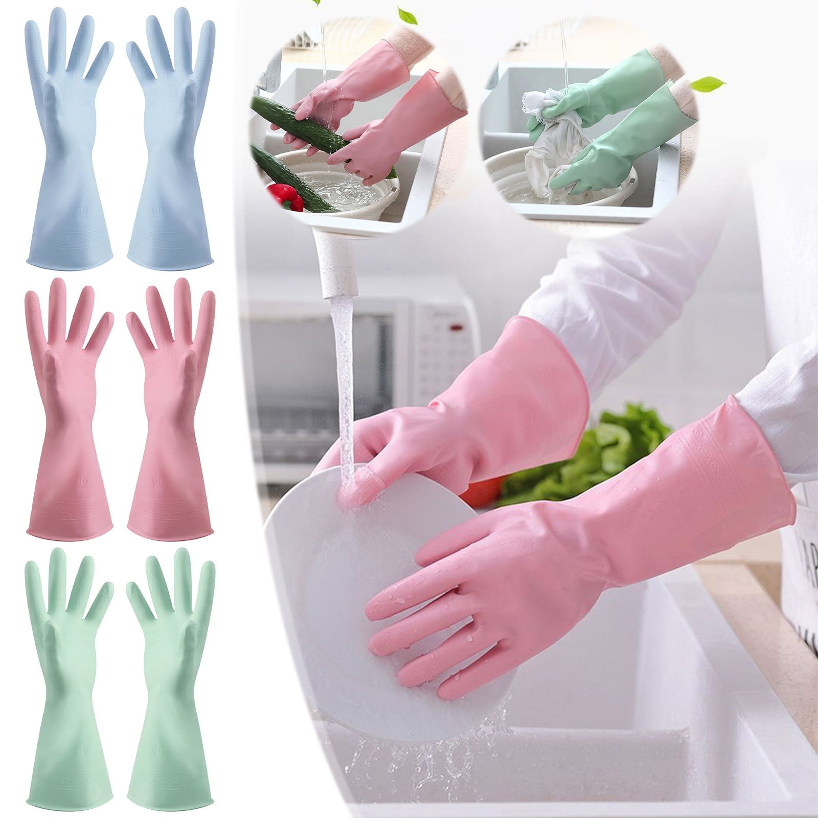 1 Pair Rubber Gloves for Dishwashing Cleaning, Cotton Lined Household Gloves, Waterproof Gloves for Kitchen Bathroom, Reusable, Light blue, Size M โ image 3