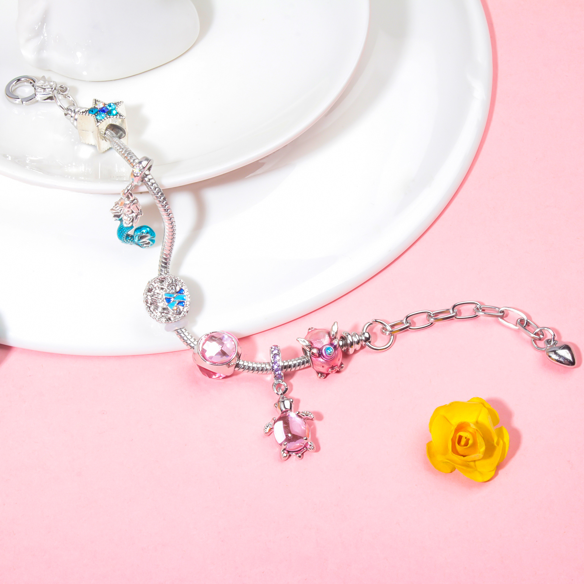 Rhinestone Star Alloy Bracelet with Mermaid & Turtle Charms Cute Pig & Glass Beads Jewelry(18cm) โ image 2
