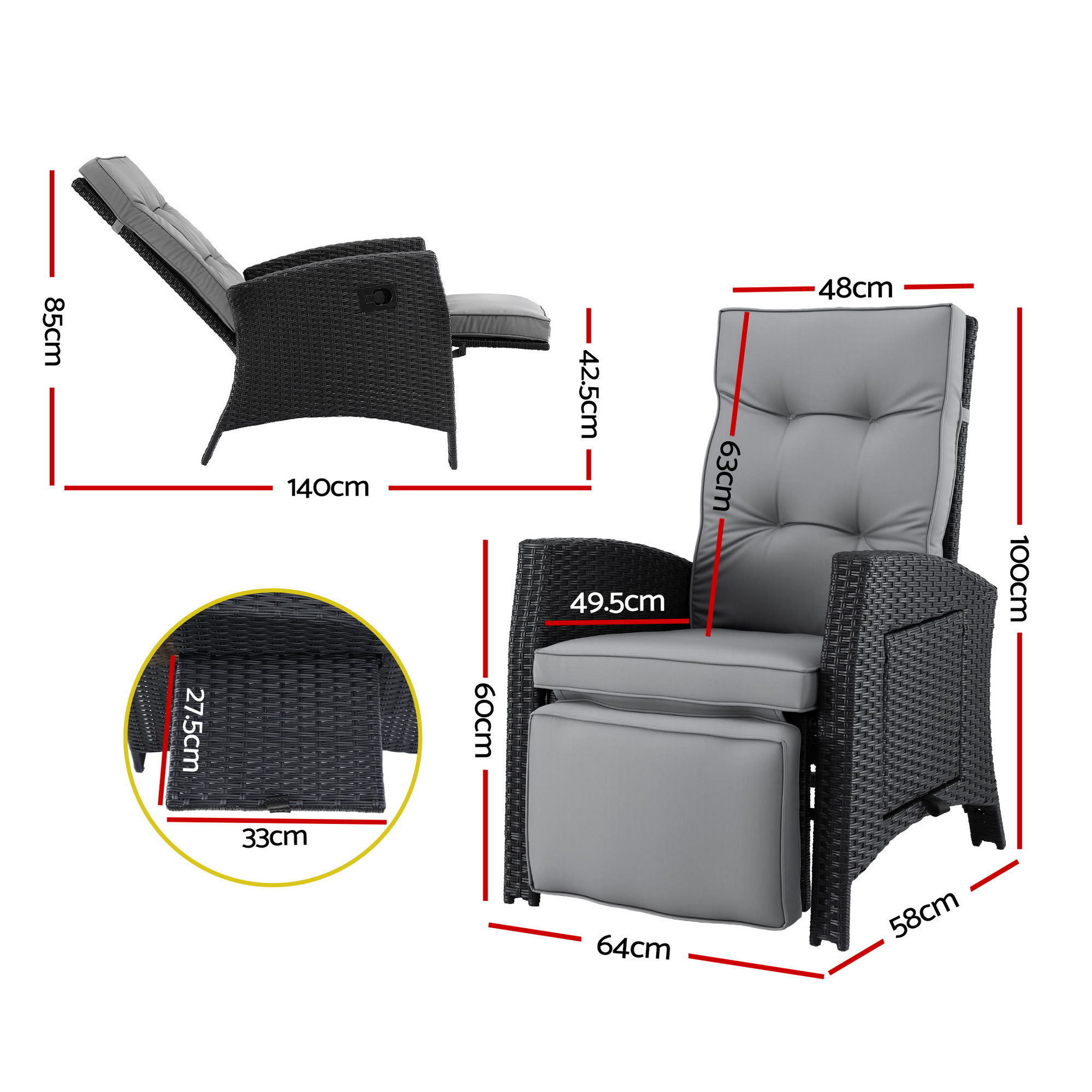 Gardeon Outdoor Recliner Chairs Sun lounge Wicker Lounger Patio Furniture Adjustable Black — image 2