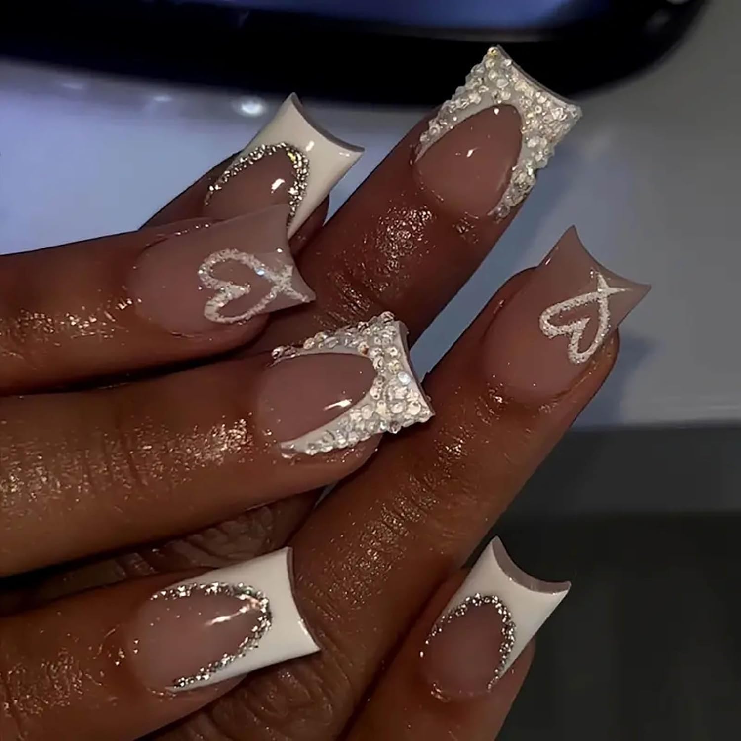 Nude Square Press on Nails Short Length,White French Tips Fake Nails with Rhinestones Design for Birthday/Bride/Holiday/Christmas/Valentine'S Day/Women/Young