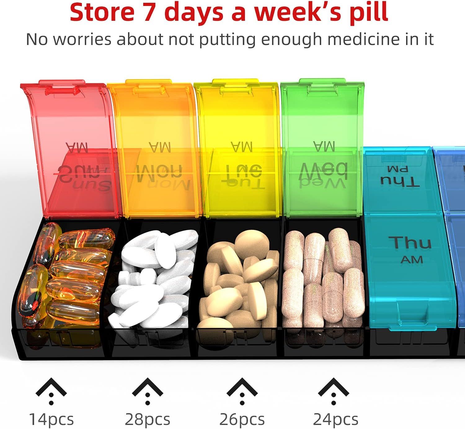 Extra Large 7-Day Pill Organizer 2 Times a Day, Weekly XL AM PM Pill Box with Large Compartments, Rainbow, 14 Compartments — image 2