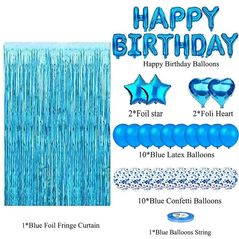 Blue Premium Foil Balloon Party Kit – Happy Birthday Banner, 2 Star & 2 Heart Foil Balloons, 10 Confetti + 10 Pearl Latex Balloons, 2m Fringe Curtain & 10m — image 2
