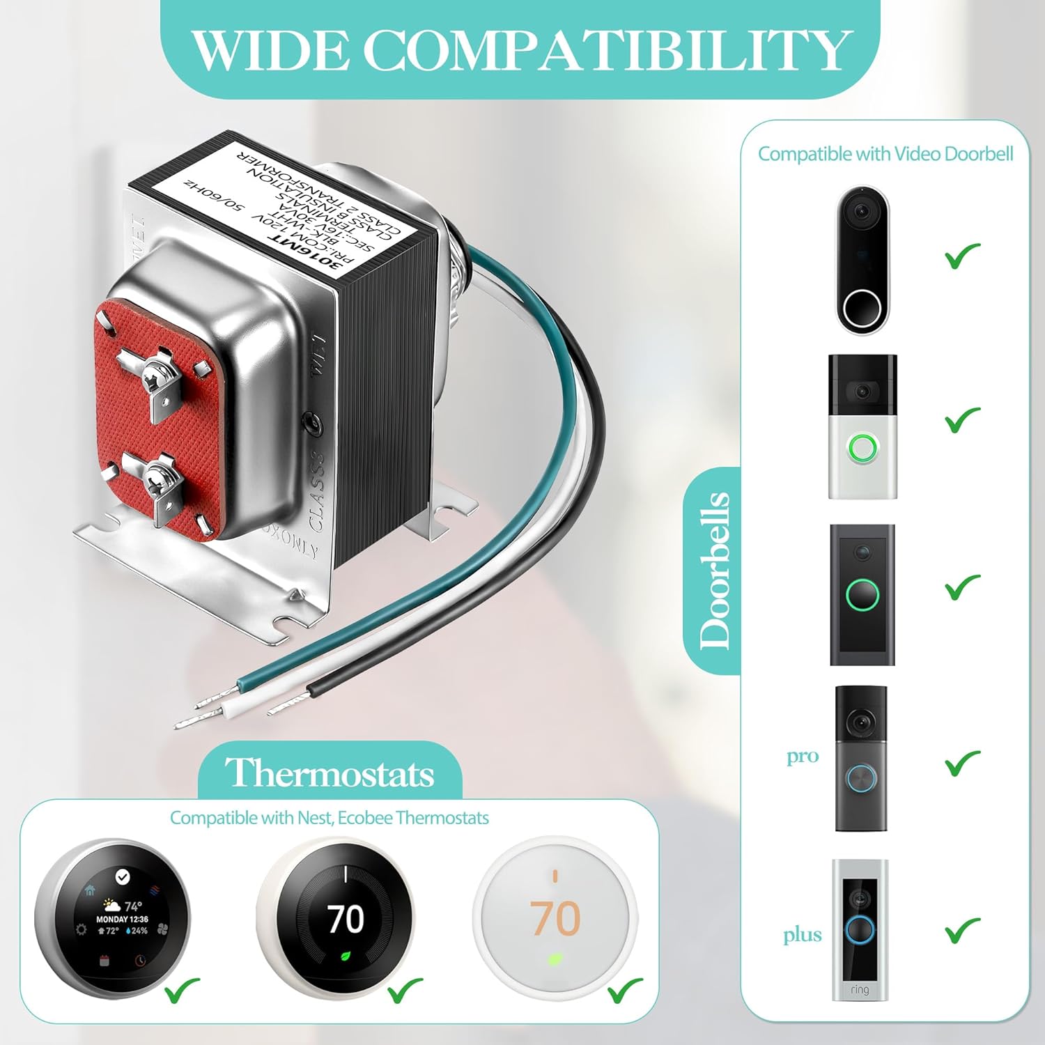 Landhoow Doorbell Transformer 16V 30VA, Hardwired Door Chime Transformer Compatible with Ring, Nest Hello Video Doorbell, 16V AC Power Supply for Thermostat â image 2