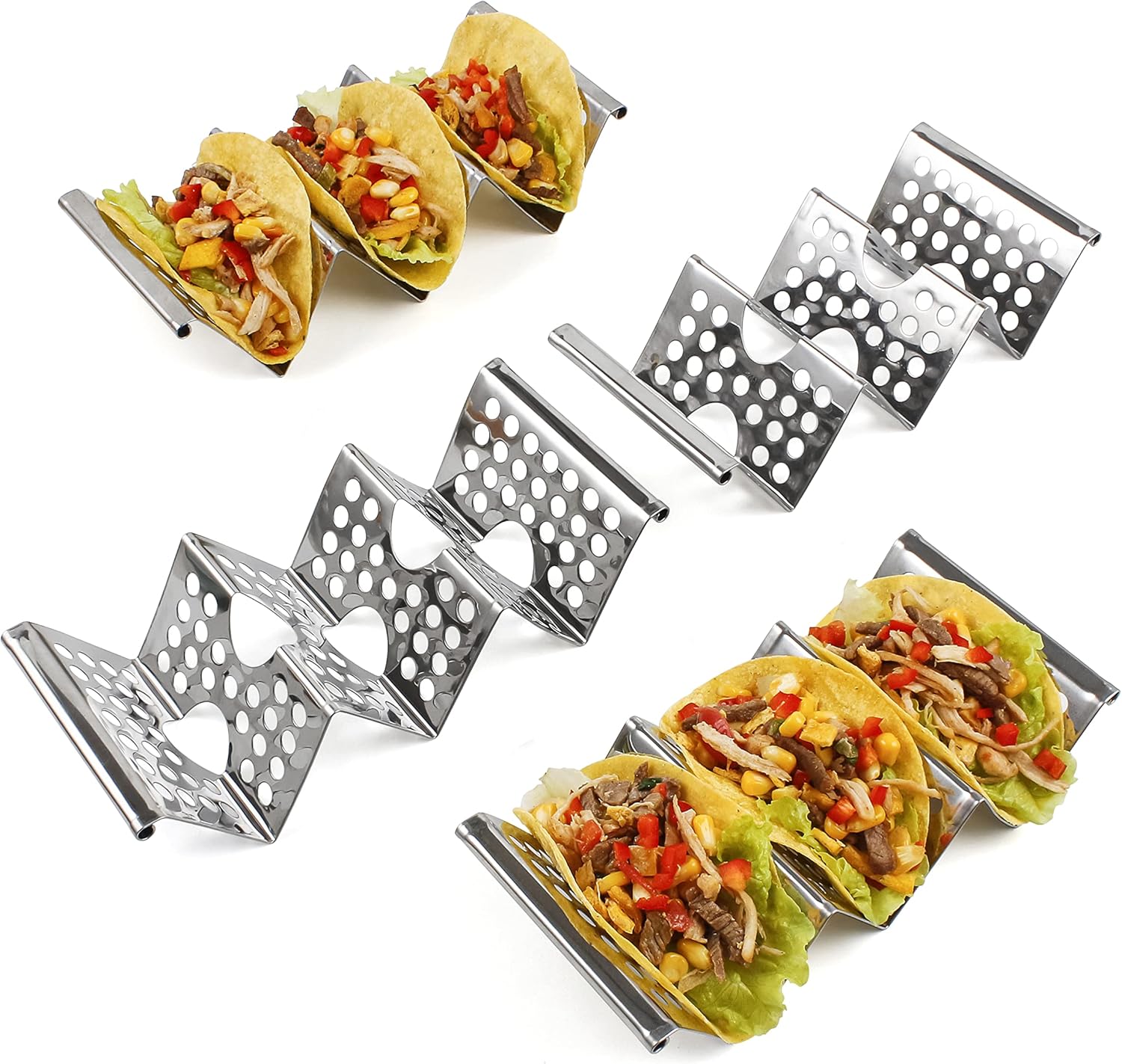 4 Pack Stainless Steel Taco Holders, Premium Taco Stands, Holds 2 Or 3 Tacos Each Taco Tray, Taco Rack With Easy-Access Handle, Food Grade Taco Plate Shells
