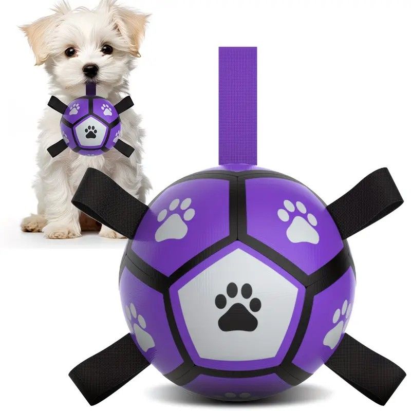 Dog Ball Toy Soccer Ball with Webbing Strap, Indoor and Outdoor Interactive Tug-of-War, Purple and Black Soccer Ball, Pet Toy for Large, Medium, and Small Dogs