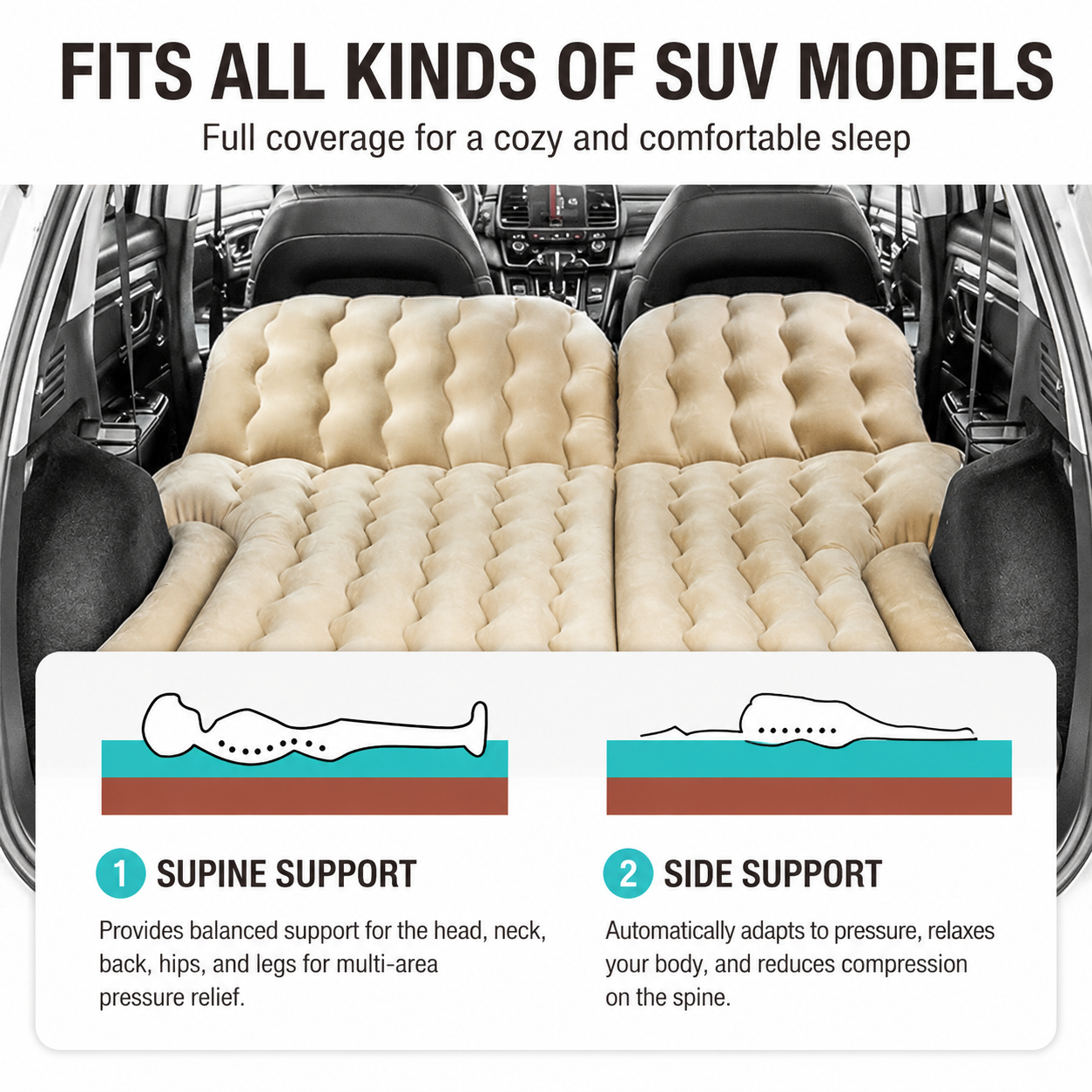 Grey Large Inflatable Universal Car Air Mattress with 2 Pillows, Pump and Storage Bag - Dual Zone Split Bed Soft Flocked Camping Travel Bed Integrated Head / โ image 2