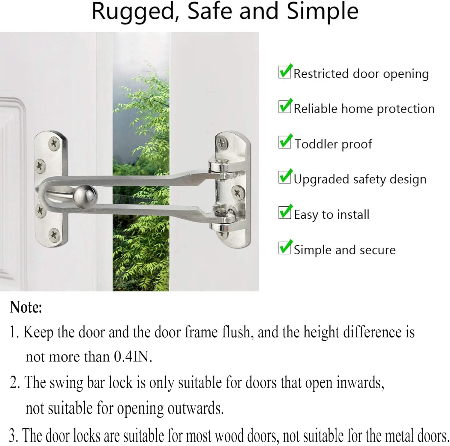 Home Security Door Lock, 2 Pack Latch Guard Clasp Front Door Locks for Kids, Home Reinforcement Lock for Swing-in Doors, Hotel Door Latches, Thicken Solid โ image 4