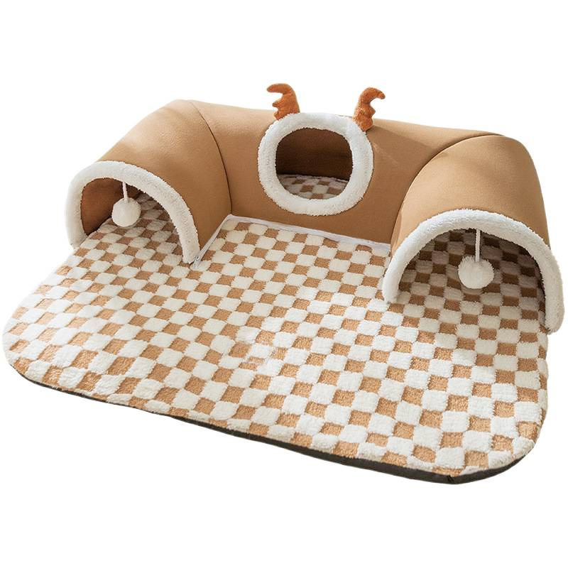 Brown XL size Cat Tunnel Bed House 4-Season Universal Removable Washable U-Shaped Cat Cave with Multi-Entrance, Plush Hideaway Pet Nest with Detachable Mat for