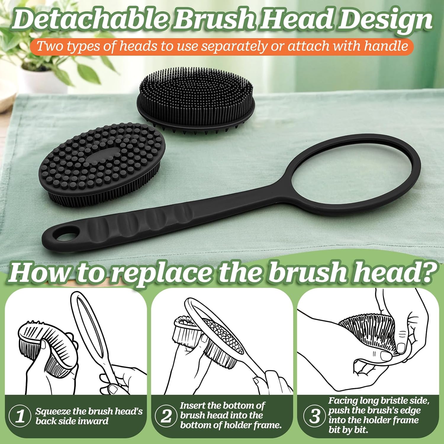Soft Silicone Body Scrubber 2PCS, Dual-Side Silicone Loofah for Shower, Gentle Loofa Alternative, Replaceable Brush Head to be Used alone or with Long Handle â image 5
