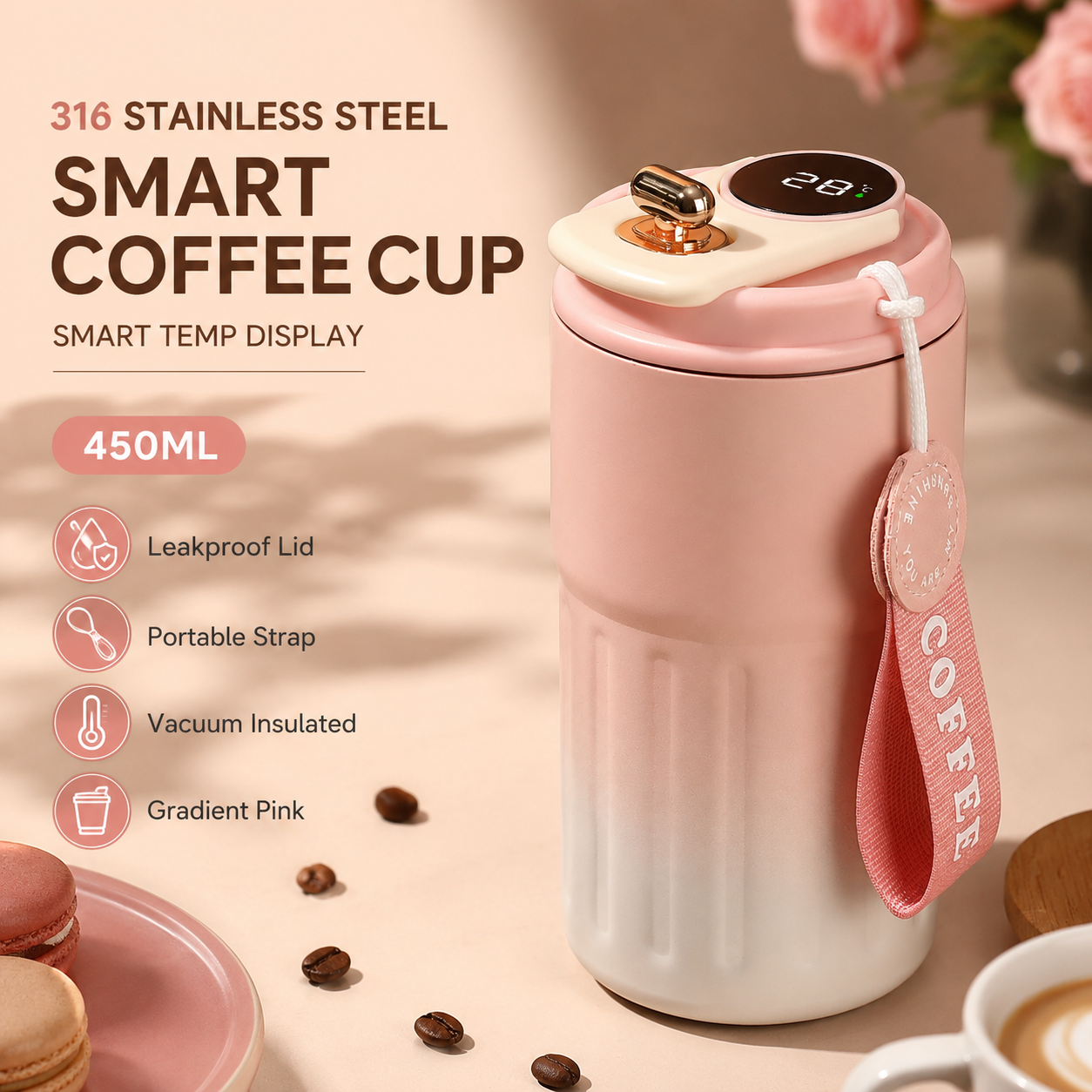 Smart Coffee Tumbler(Gradient Pink) 450ml Vacuum Insulated Travel Mugwith Temperature Display Leakproof Coffee Cup Portable Thermal Water Bottle for Office