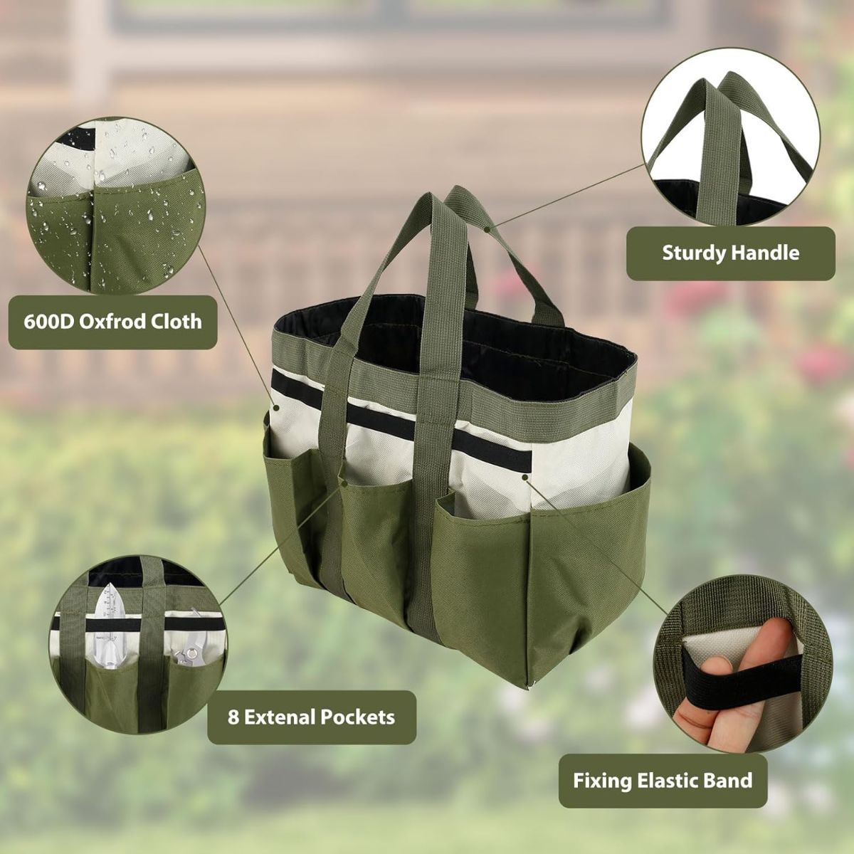 Garden Tool Bag Organizer, Tote Storage Bag with 8 Pocket, Heavy Duty Oxford Garden Tote Caddy, Gardening Tool Kit Holder for Indoor and Outdoor, Gifts for Men — image 5