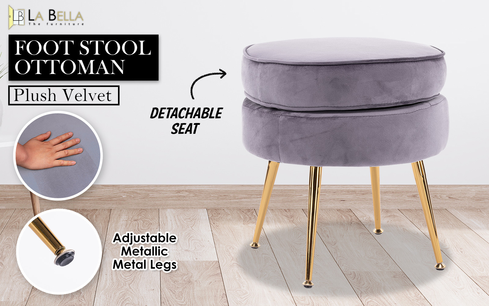 Ottoman Foot Stool Velvet Fabric Metal Leg Round GREY โ image 2