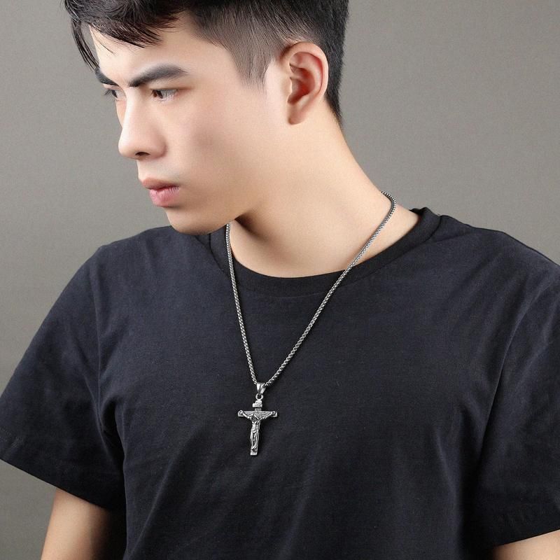 Men Stainless Steel Gold Silver Black Jesus Crucifix Pendant Chain Necklace Gold&Black - with 3*55cm rolo chain โ image 5