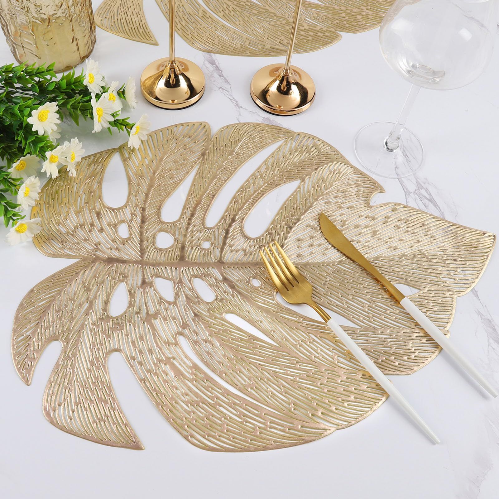 Placemats Set of 6, Hollowed-Out Leaf Place Mats for Dining Table Pressed Vinyl Table Mats for Holiday Party Wedding (Garden Gold) — image 2