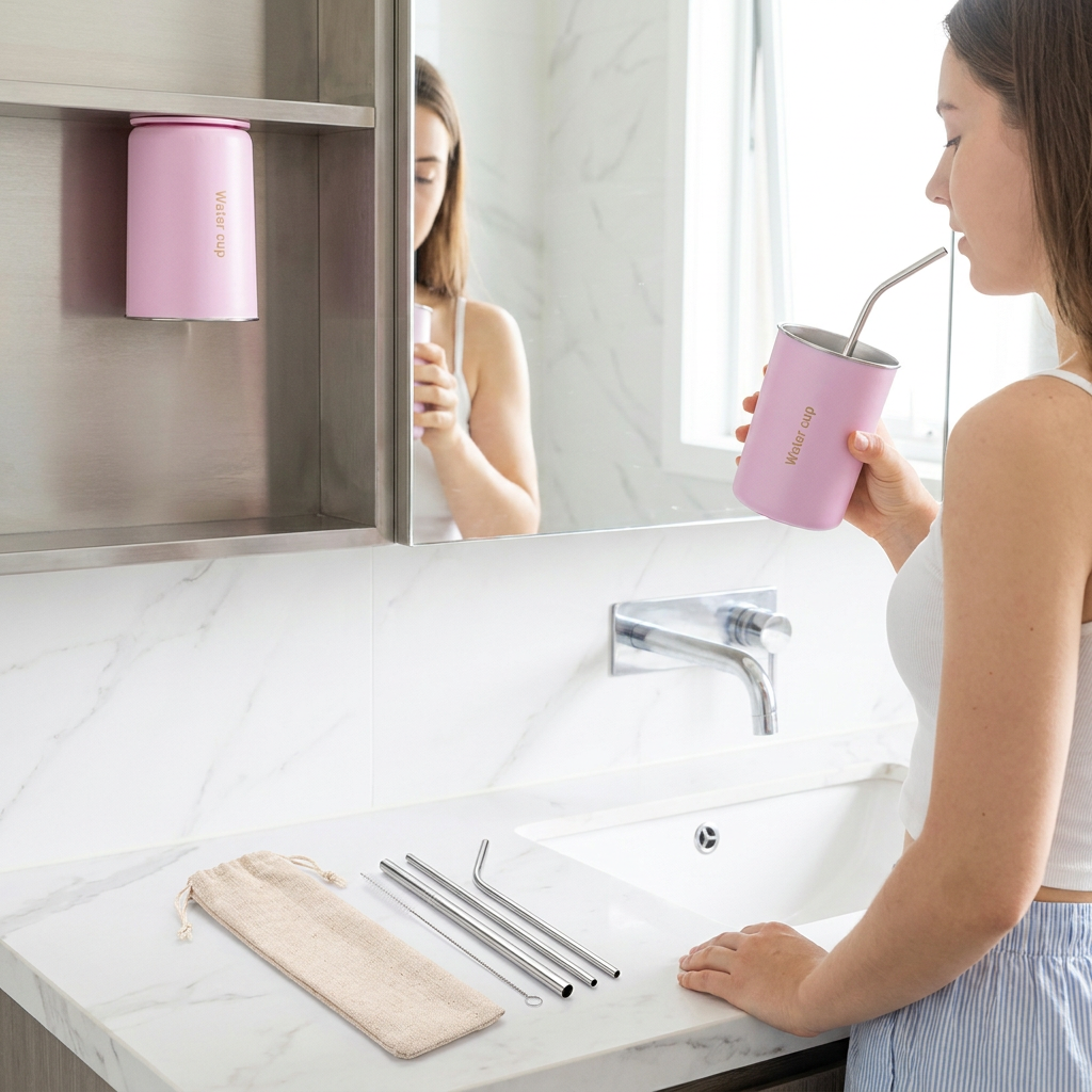 Pink 304 Stainless Steel Magnetic Hanging Water Bottle Set, 12.17 oz Reusable Drinking Bottle, Comes with 4 Stainless Steel Straws, Cleaning Brush, Storage Bag โ image 2