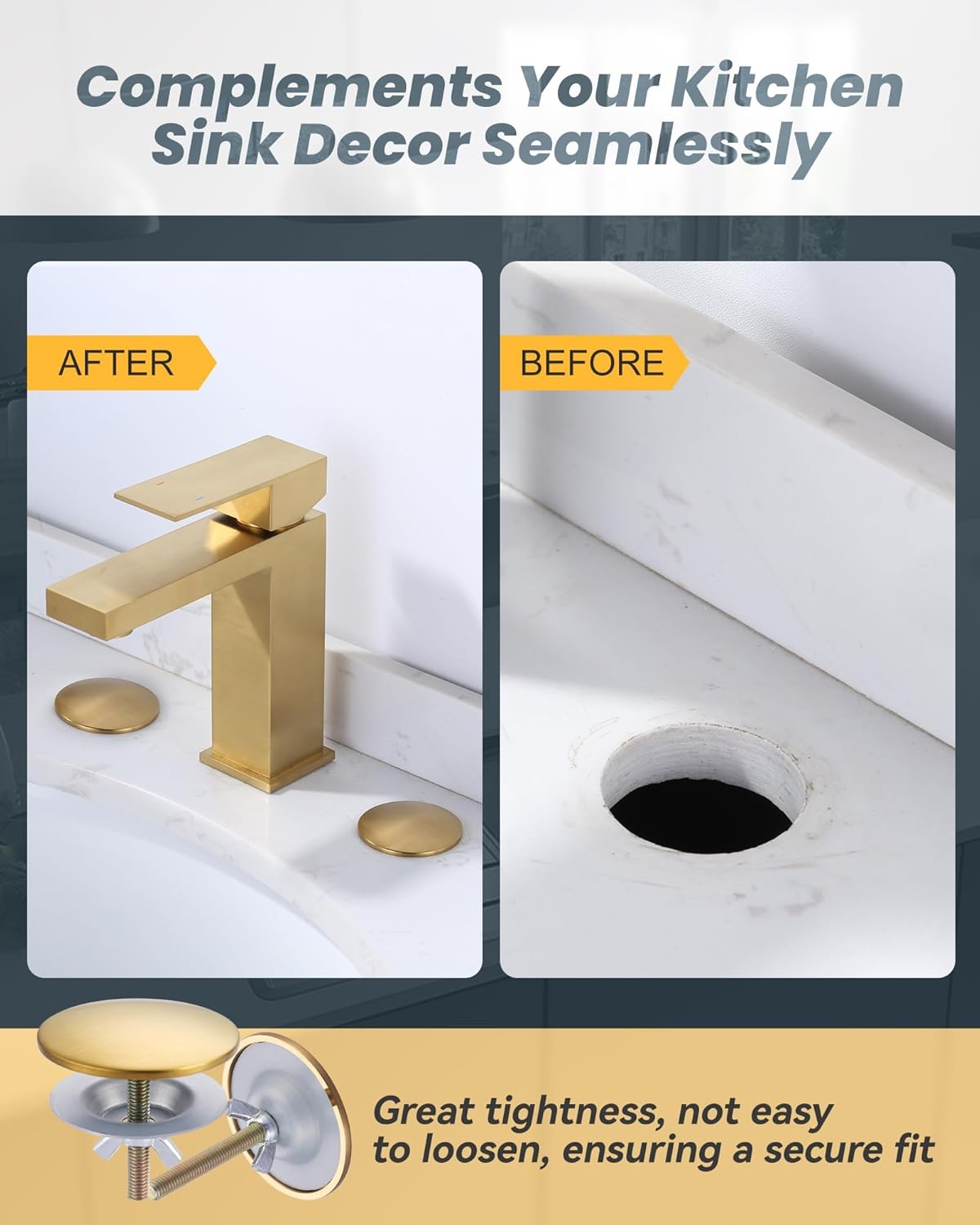 Kitchen Sink Hole Cover, 2 PCS Faucet Plate Stopper, Countertop Cap, Tap Blanking Metal Plug, Brushed Gold — image 3