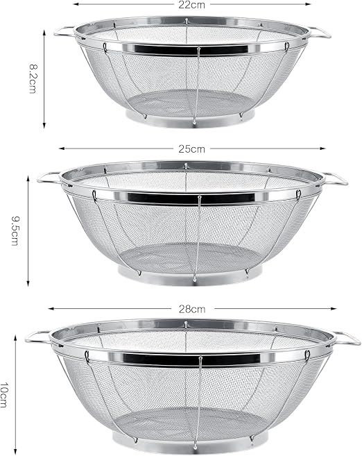 3 Piece Stainless Steel Colander Set with Handles, Nesting Strainer Bowls for Pasta, Rice, Fruit and Vegetables, 22 cm, 25 cm and 28 cm โ image 2