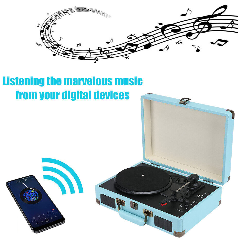 Blue Retro Briefcase Vinyl Record Player Suitcase 3 Speed Turntable Stereo Christmas — image 5
