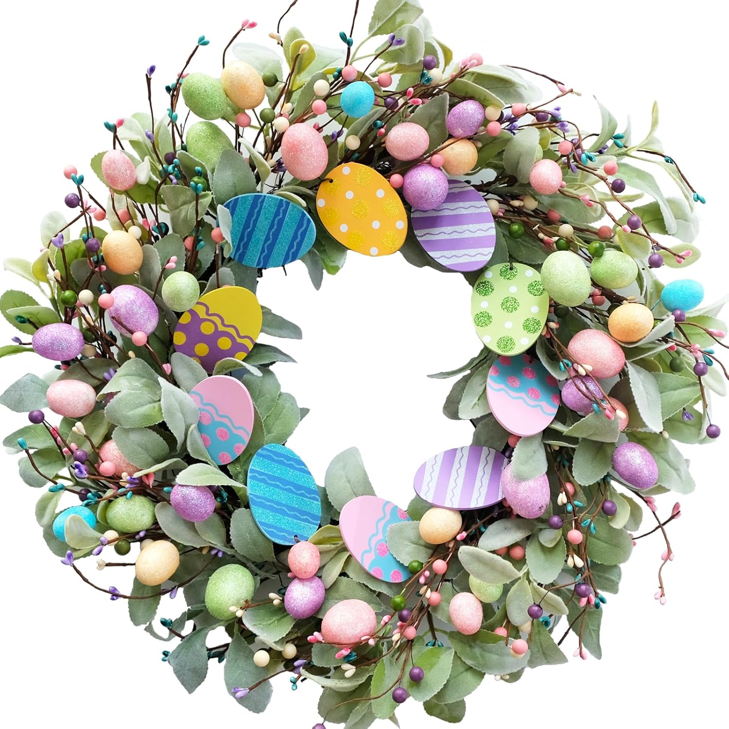 24 Inch Spring Easter Eggs Wreath with Lamb Ears Leaves for Front Door, Glitter Eggs Green Leaves Door Wreath with Berries for Indoor and Outdoor, Easter Egg