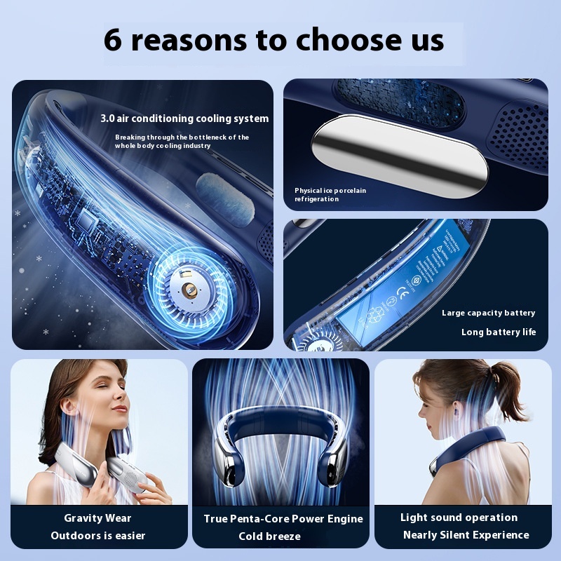 Digital Display Neck Fan - Rechargeable Portable Wearable Fan with Adjustable Speed- Blue 2400mAh — image 3