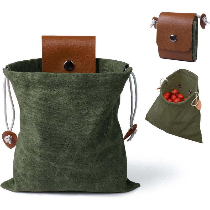 Collection bag - outdoor fruit picking bag - waxed canvas collection bag - foldable leather waist bag with drawstring - multifunctional picking bag for