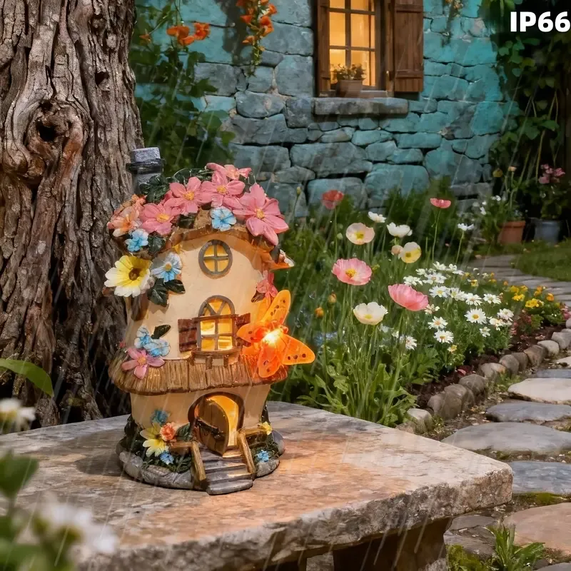 Butterfly Orange Mushroom Flower House Solar Light, resin waterproof fairytale design, automatic lighting for courtyard, garden, and lawn decoration โ image 4