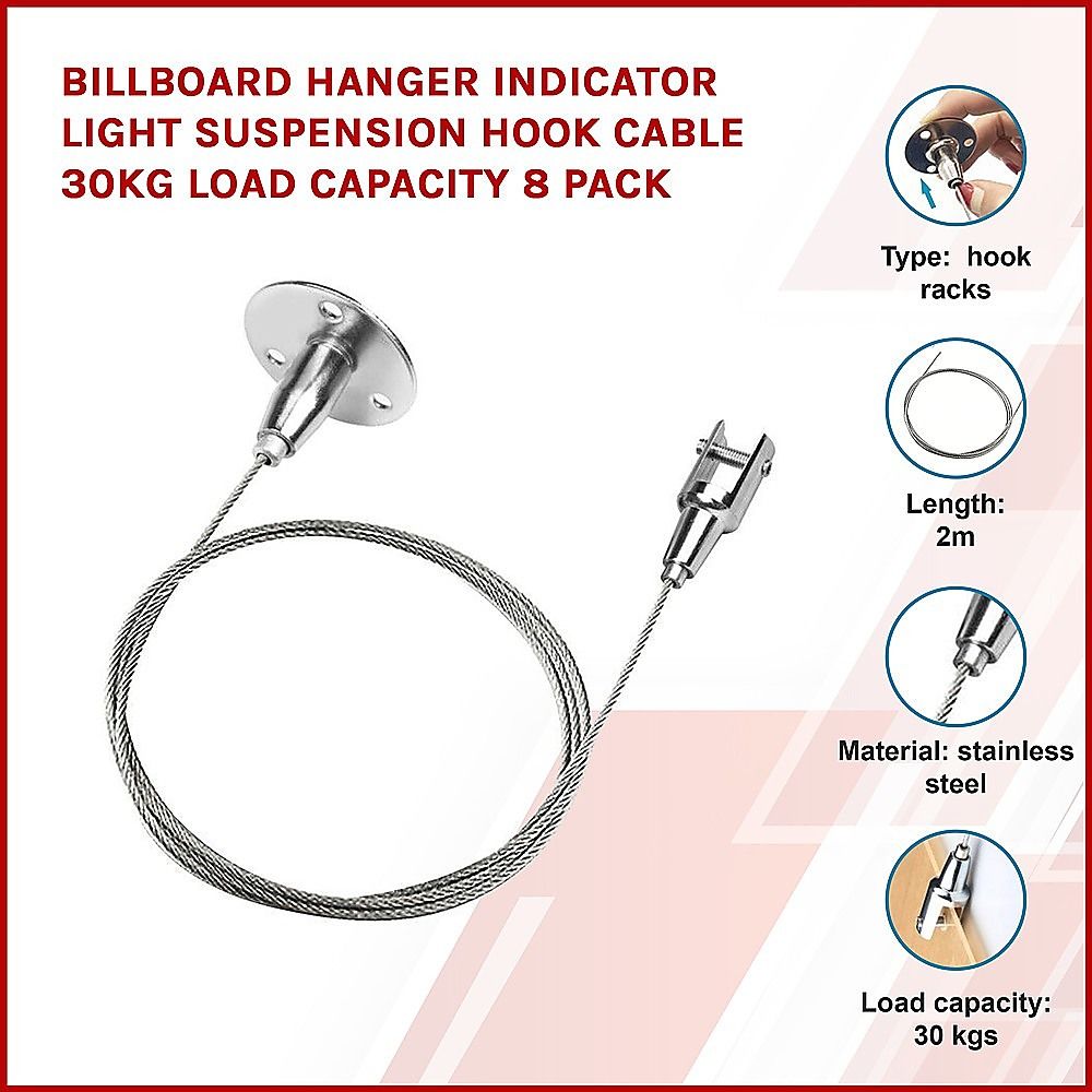 Billboard Hanger Indicator Light Suspension Hook Cable 30kg Load Capacity 8 Pack โ image 3