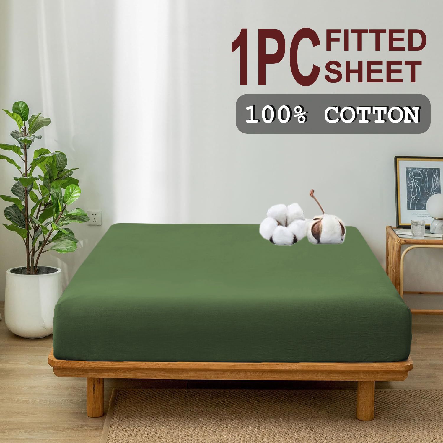 100% Cotton Fitted Sheet - Super Soft 40cm Deep Pocket Bottom Sheets - White Elastic Sheet(Double,Olive green) — image 2