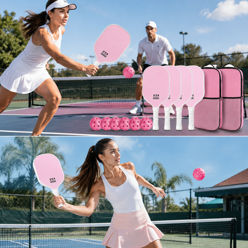 Pink Fiberglass Pickleball Paddle Set - 4 Minimalist Paddles, 8 Balls, and 2 Carry Bags for Outdoor Play — image 3