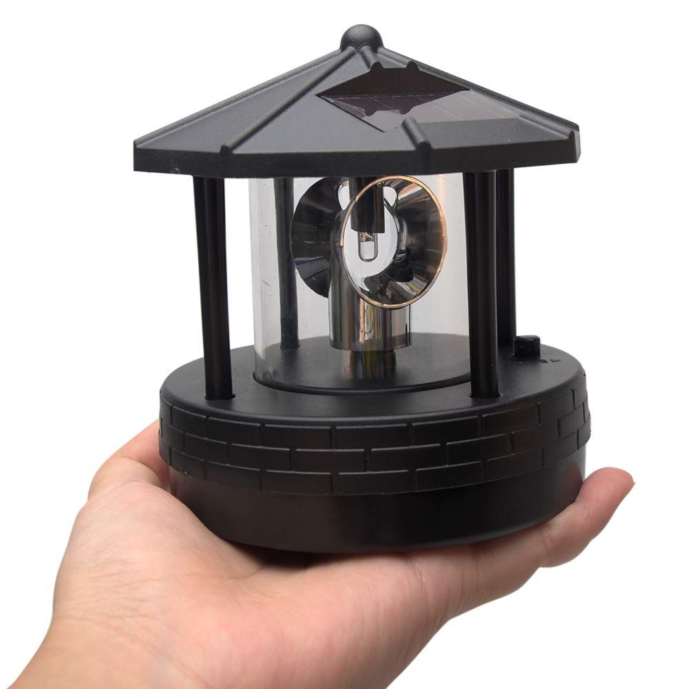 LED Solar Powered Lighthouse,360 Degree Rotating Lamp Waterproof Statue Rotating Lights for Garden Yard Outdoor Décor, Black — image 3
