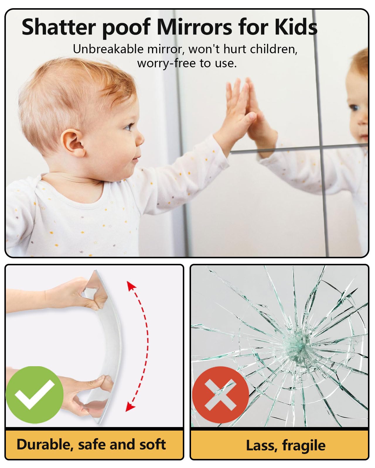 Shatterproof Acrylic Mirror Tiles – 4-Pack Wall Stickers for Kids, Home Gym, Bedroom & Bathroom, Easy Peel-and-Stick Decorative Mirrors with — image 3
