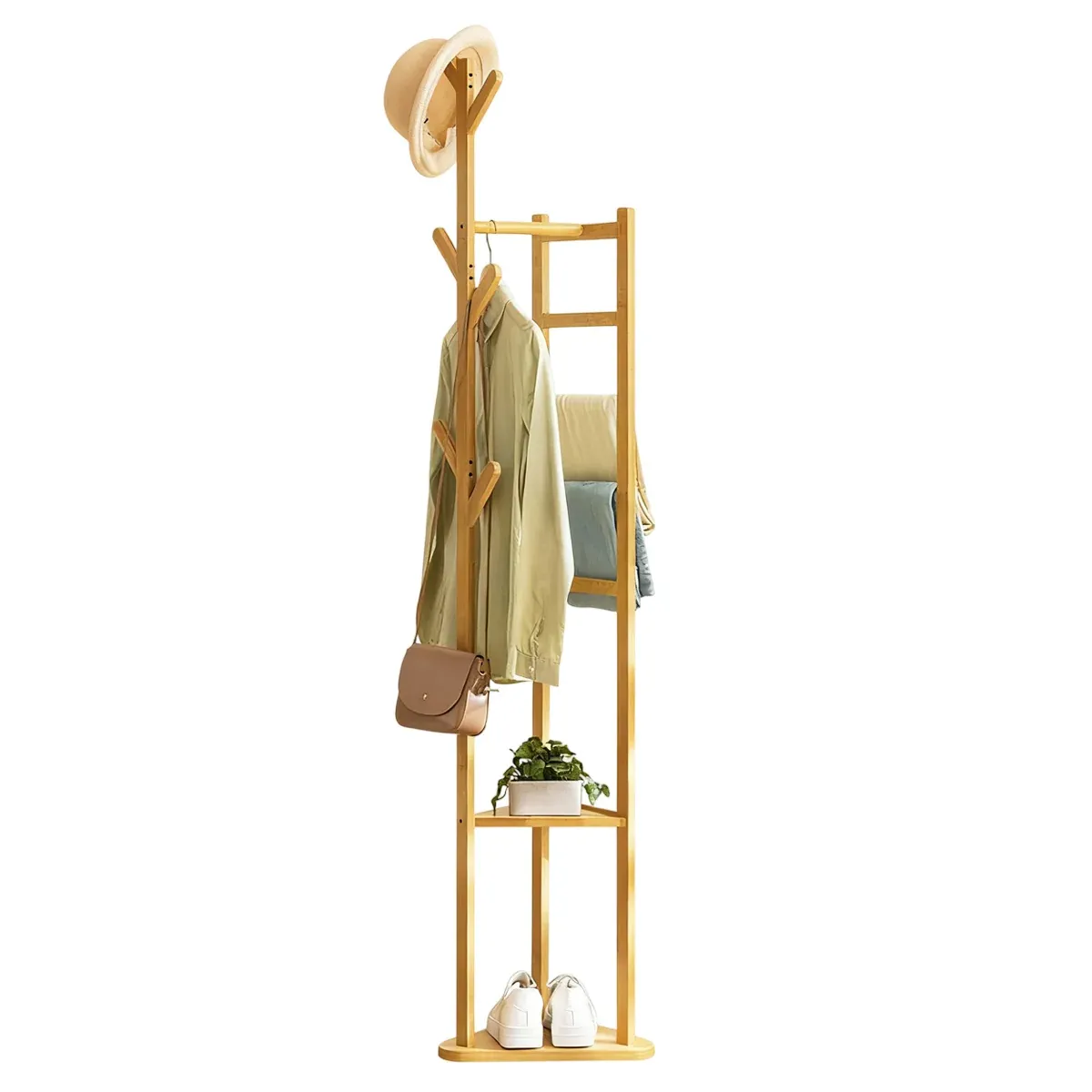 Simple Bamboo Standing Clothes Rack with 6Hooks Freestanding Garment Organizer — image 2