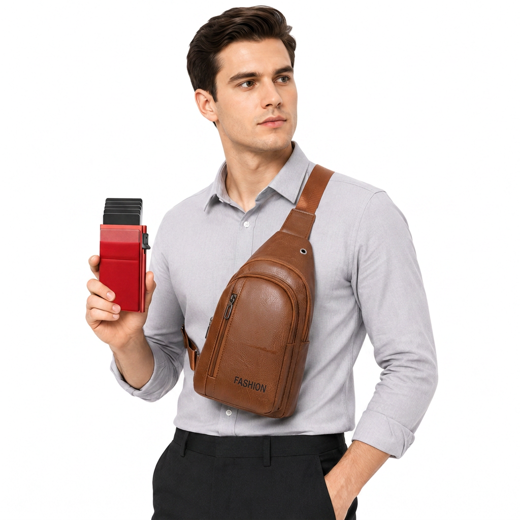 Office Commuter Business Set-Light brown Men's PU Leather Chest Bag and Red RFID Blocking Aluminum Wallet - Waterproof Crossbody Sling Bag with Multi