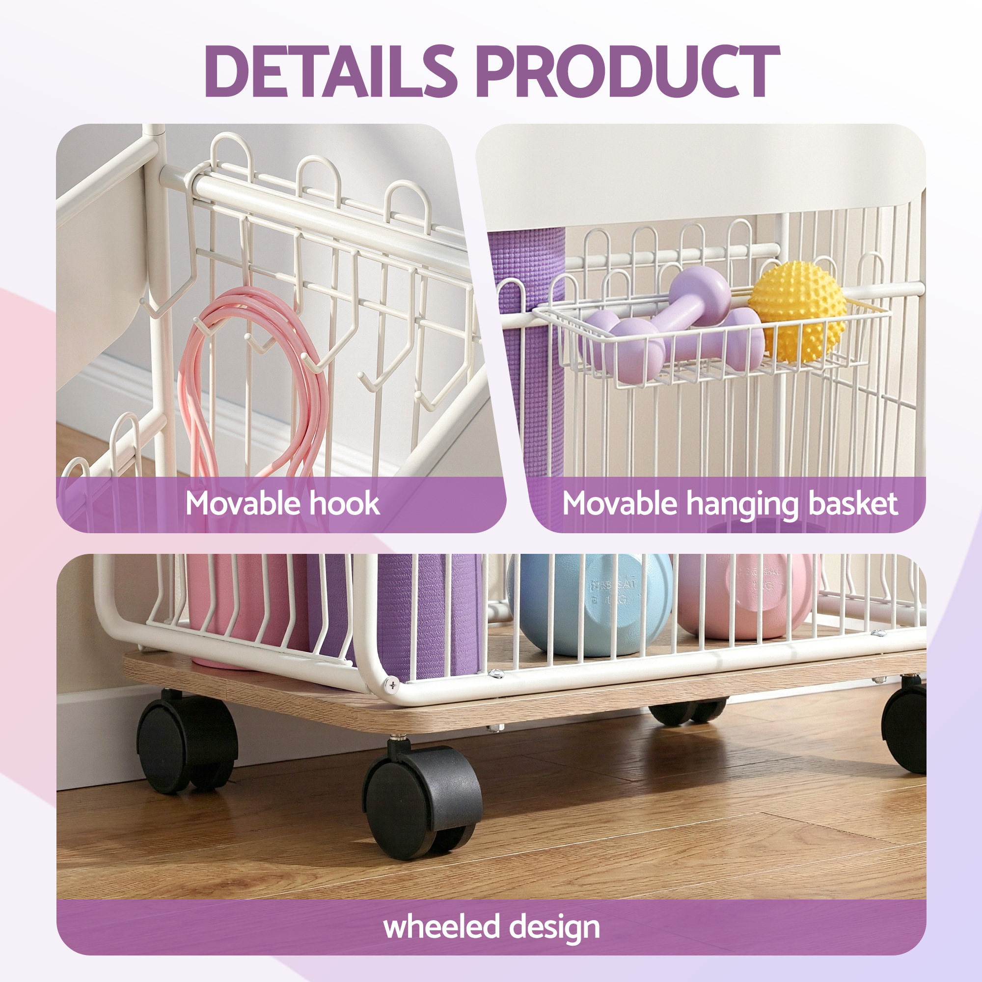 Everfit Yoga Mat Storage Rack Mobile Holder with Wheels Basket Home Gym Storage Organizer White โ image 6