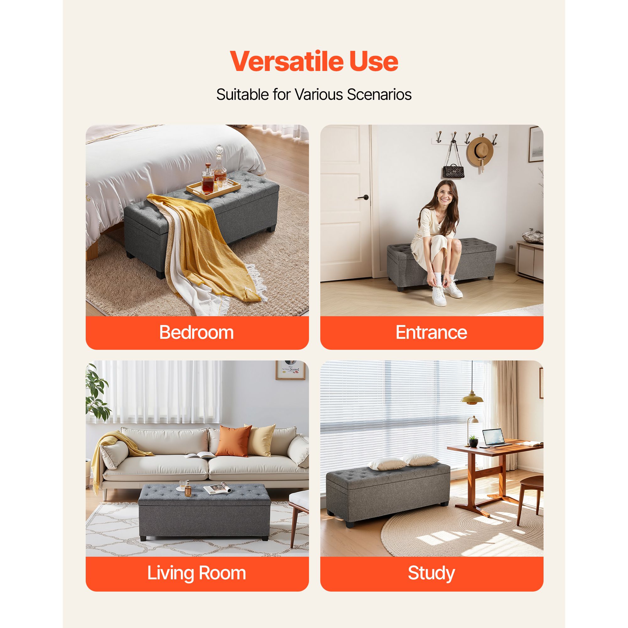 Storage Ottoman Bench, Button-Tufted End of Bed Bench with Side Bags, Flip-up Upholstered Storage Chest with Metal Frame, Linen Bed Ottoman for Living Room — image 6