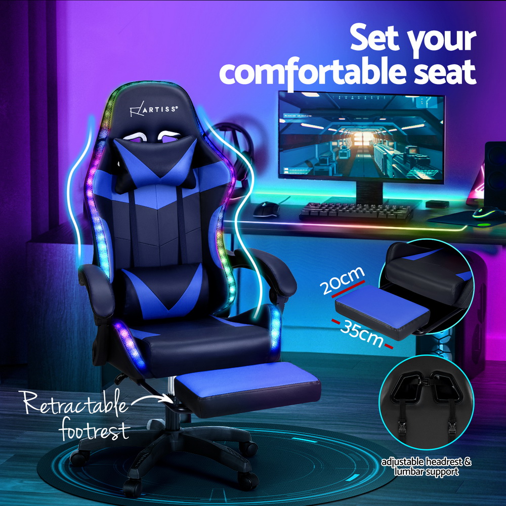 Artiss 6 Point Massage Gaming Office Chair 7 LED Footrest Blue โ image 5