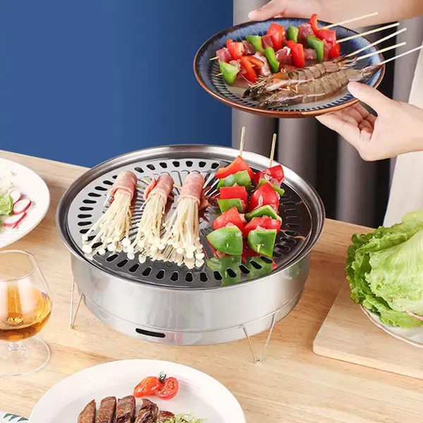 1 Piece Portable Korean BBQ Grill, Stainless Steel Round Grill with Maifan Stone Plate for Camping and Picnics — image 4