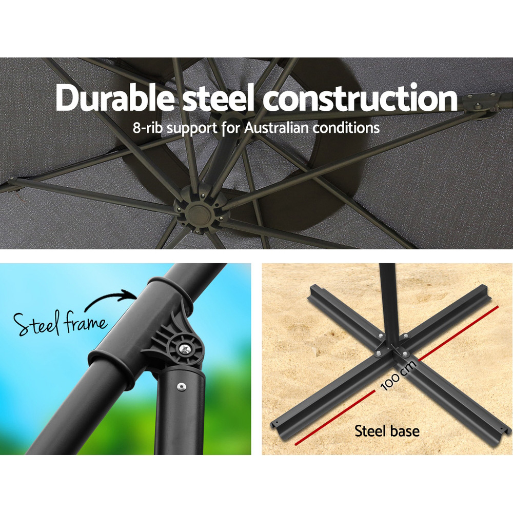 Instahut 3m Outdoor Umbrella w/Base Cantilever Beach Garden Patio Charcoal — image 4