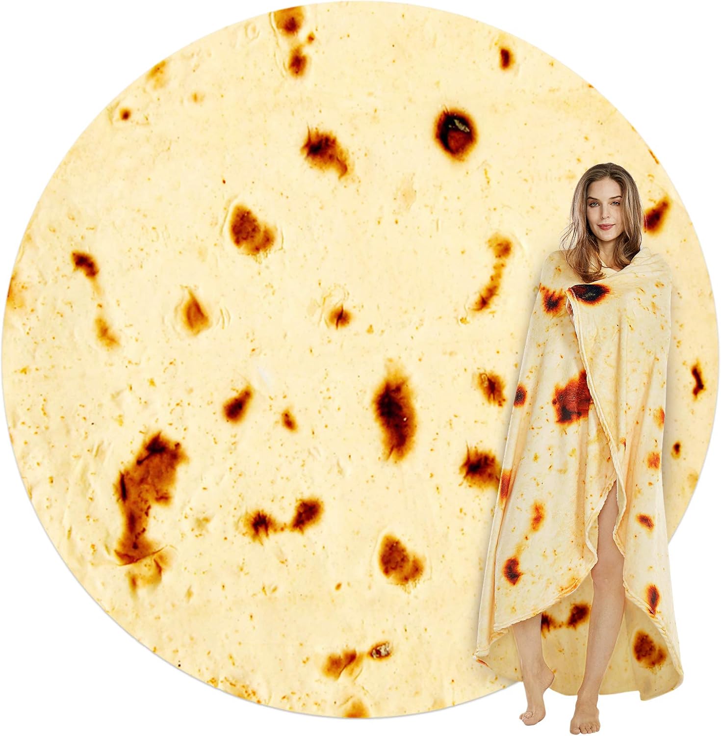 Burritos Tortilla Throw Blanket (Yellow), Novelty Funny Round Blanket for Kids & Adults, Soft Flannel Tortilla Wrap Blanket(71", Adults)
