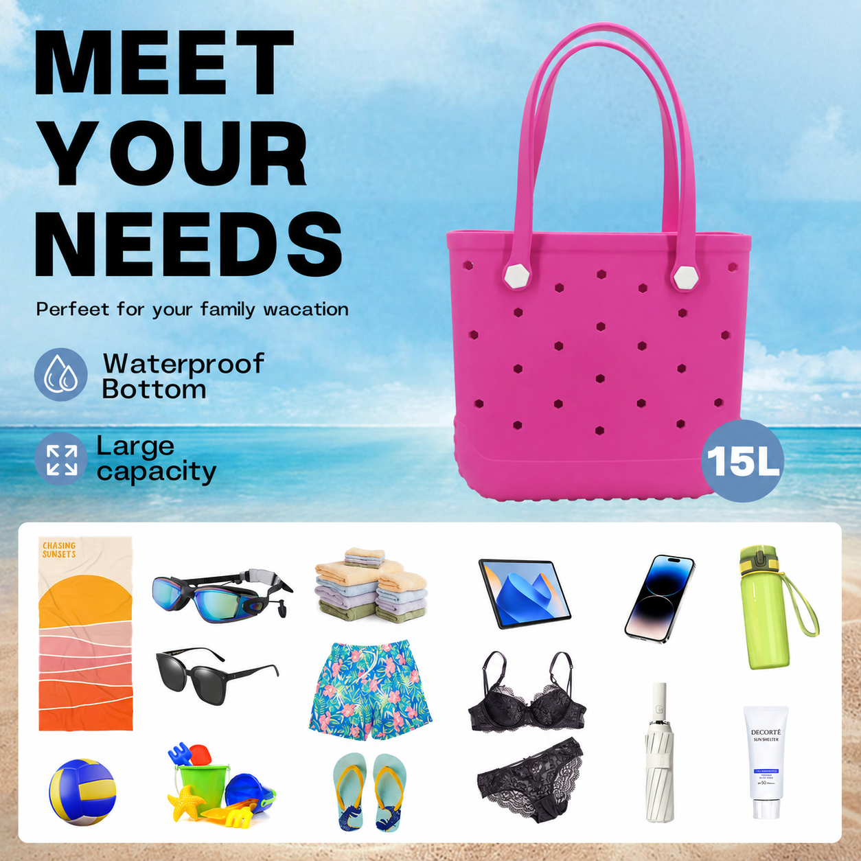 Waterproof Hexagon Mesh Beach Bag - Large Capacity Travel Storage Tote for Swimwear Towel Sunglasses - Rose Red Medium 37x32x13cm — image 4