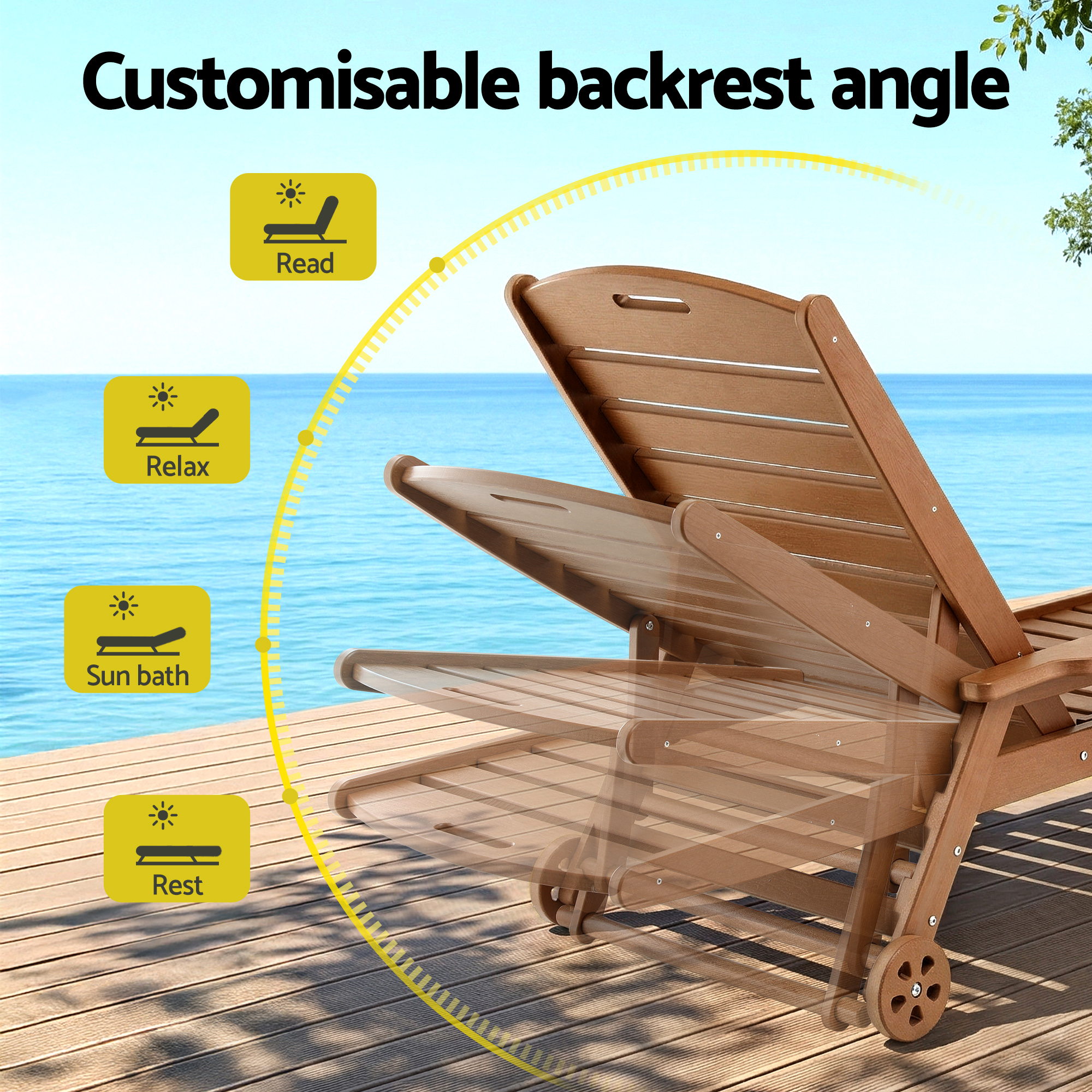 Gardeon Sun Lounge Lounger Beach Chair HDPE Patio Outdoor Furniture with Wheels Brown — image 5