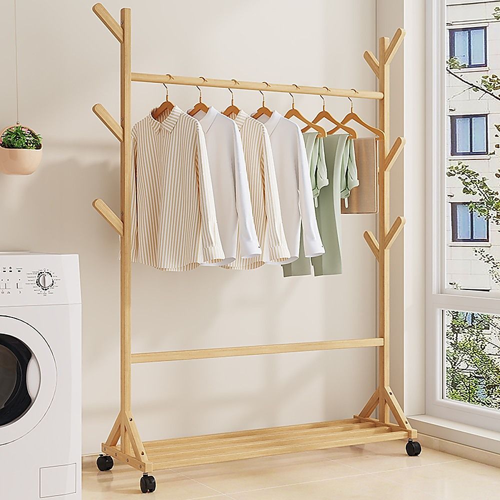Portable Clothes Rack Coat Garment Stand Bamboo Rail Hanger Airer Closet โ image 2