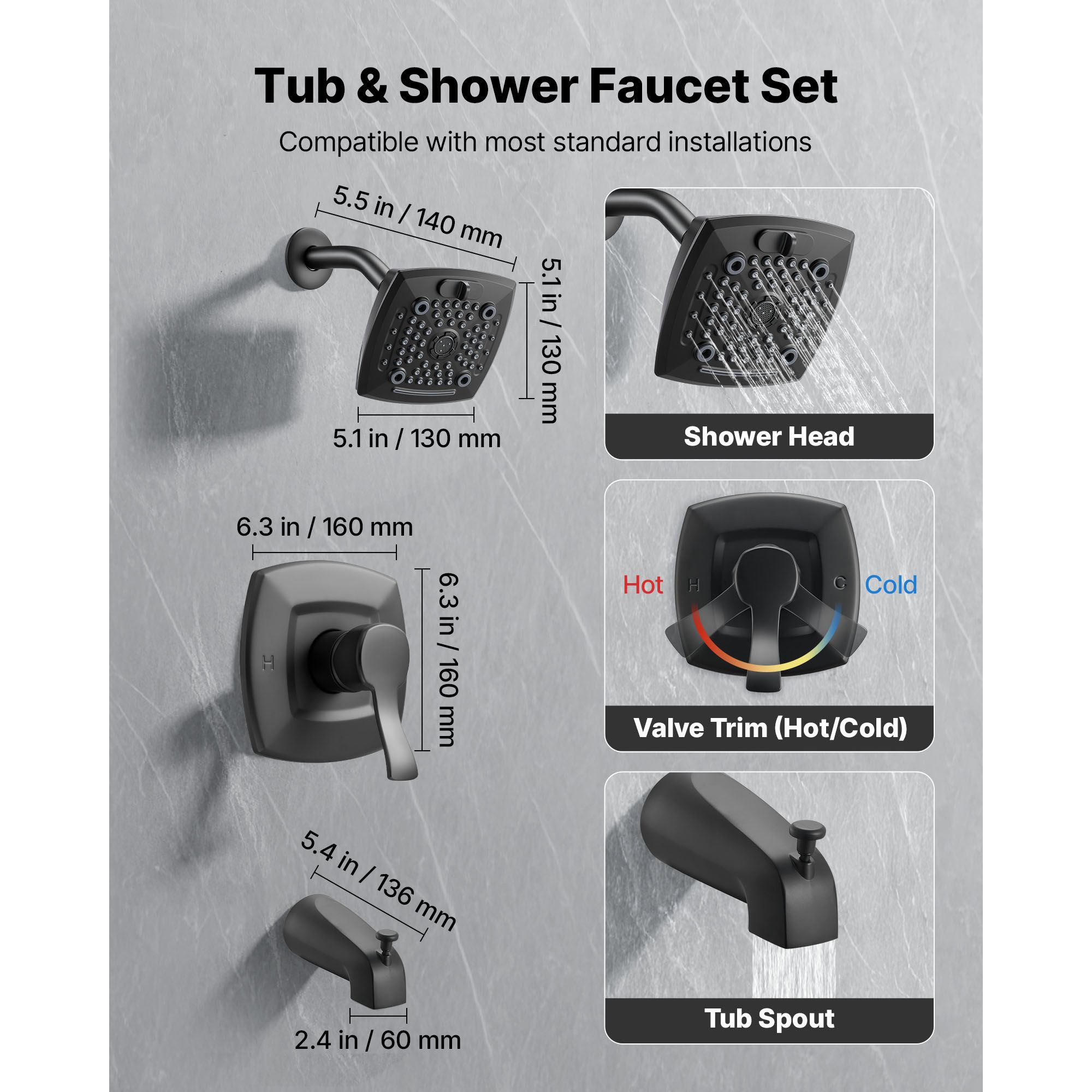 Tub and Shower Faucet Set, Complete with 130 mm Rainfall Shower Head and Bathtub Spout, 5-Setting Adjustable Spray, Single-Handle Tub Trim Kit with Brass — image 2