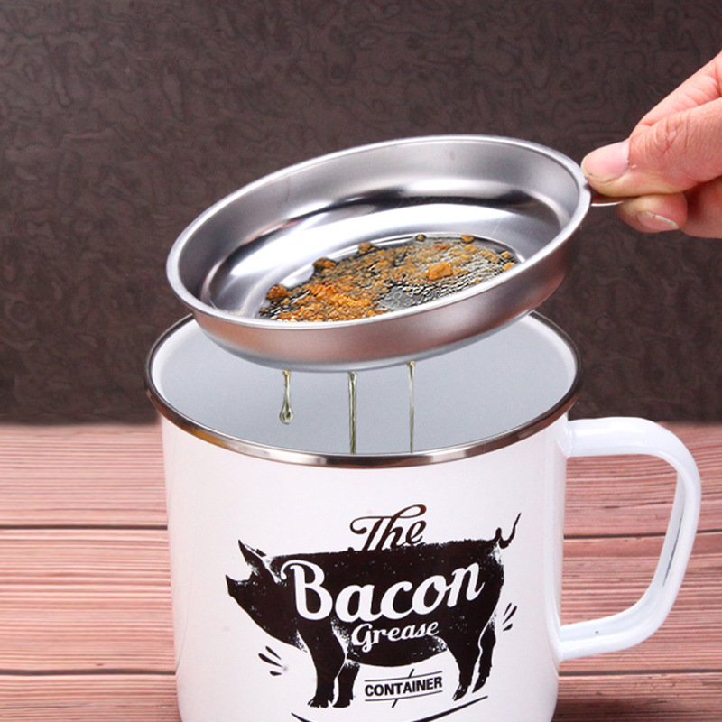 Retro 1200ML Enamel Lard Storage Jar - Acid & Alkali Resistant Oil Filter Pot with Fine Mesh Strainer & 17cm Scraping Spatula โ image 3