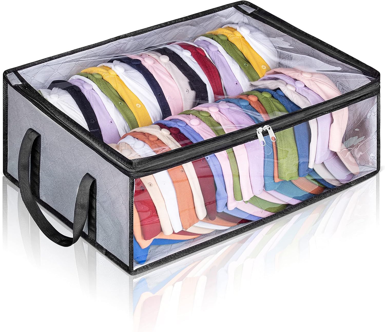 Large Capacity Foldable Hat Organizer Storage Box with Clear See-Through Window for Baseball Caps, Clothes, Toys, and Books, Underbed and Closet Container