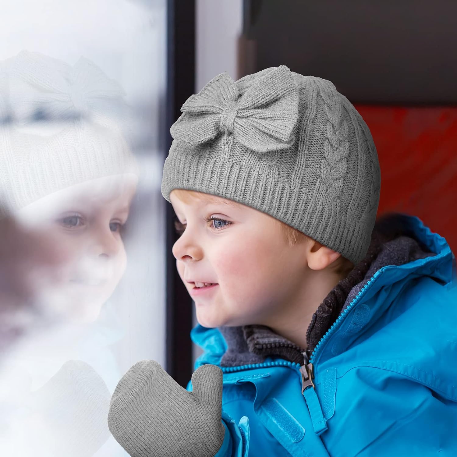 3 Set Toddler Hat Glove Set, Kids Winter Hats Warm Knitted Beanie Mittens Gloves with Bow for Baby Girls Boys 0-6Y — image 6